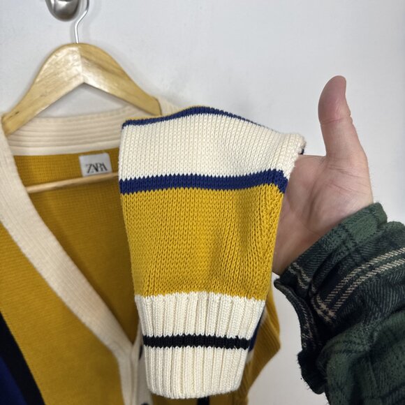 Zara Men XL Preppy Tennis Varsity Cardigan Stripped Knit Sweater Yellow Blue - Picture 3 of 5